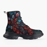 Casual Leather Chunky Boots Neon Leaves Vibrant Reds and Blue