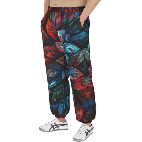 Men's Sweatpants Neon Leaves Vibrant Reds and Blue