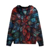 Men's Zip Up Hoodie Neon Leaves Vibrant Reds and Blue