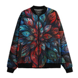 Bomber Jacket Neon Leaves Vibrant Reds and Blue