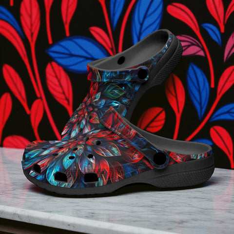 Classic Clogs Neon Leaves Vibrant Reds and Blue