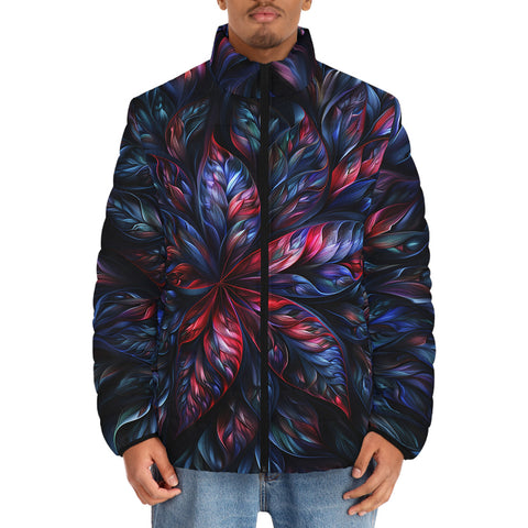Down-Padded Puffer Jacket Neon Flower Colorful Leaves