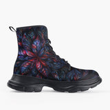 Casual Leather Chunky Boots Neon Flower Colorful Leaves