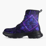 Casual Leather Chunky Boots Neon Blue and Purple Flowers