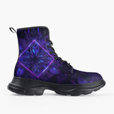 Casual Leather Chunky Boots Neon Blue and Purple Flowers