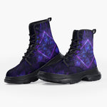 Casual Leather Chunky Boots Neon Blue and Purple Flowers