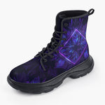 Casual Leather Chunky Boots Neon Blue and Purple Flowers