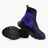 Casual Leather Chunky Boots Neon Blue and Purple Flowers