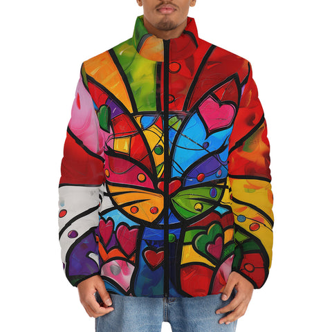 Down-Padded Puffer Jacket Colorful Cat Abstract Shapes