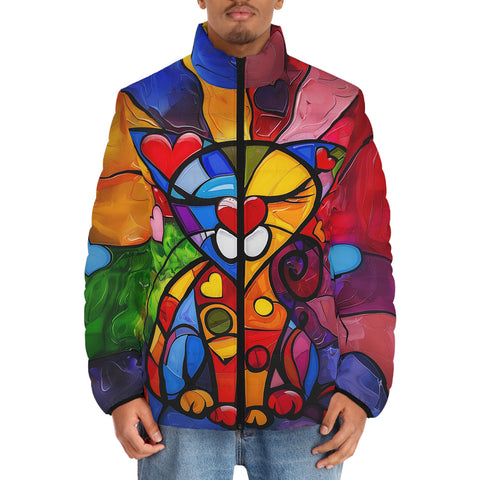 Down-Padded Puffer Jacket Colorful Cat Abstract Shapes