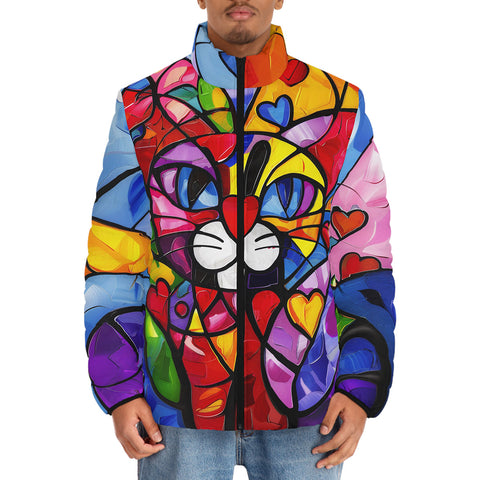 Down-Padded Puffer Jacket Colorful Cat Abstract Shapes