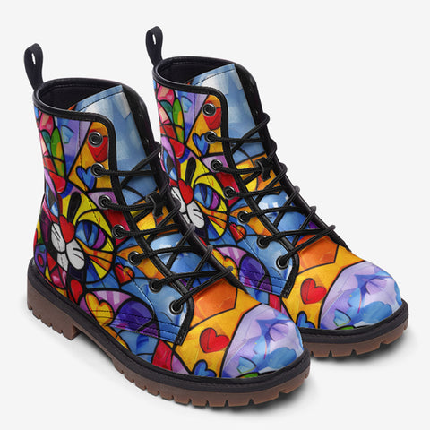 Leather Boots Colorful Cat Abstract Shapes