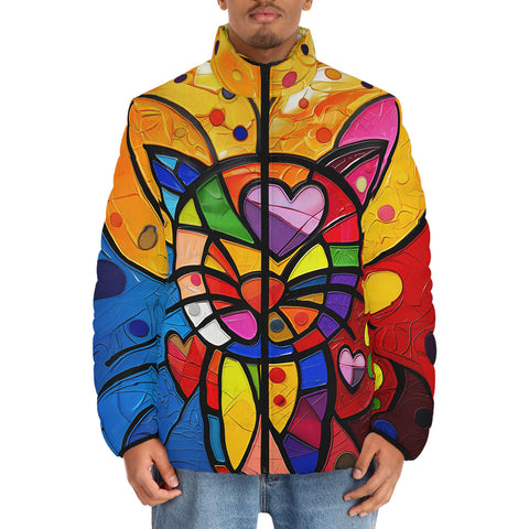 Down-Padded Puffer Jacket Colorful Cat Abstract Shapes