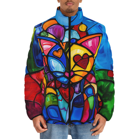 Down-Padded Puffer Jacket Colorful Cat Abstract Shapes