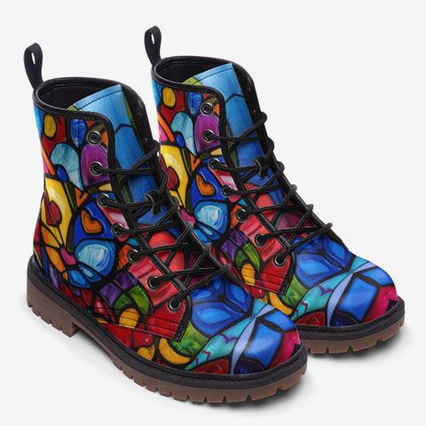 Leather Boots Colorful Cat Abstract Shapes