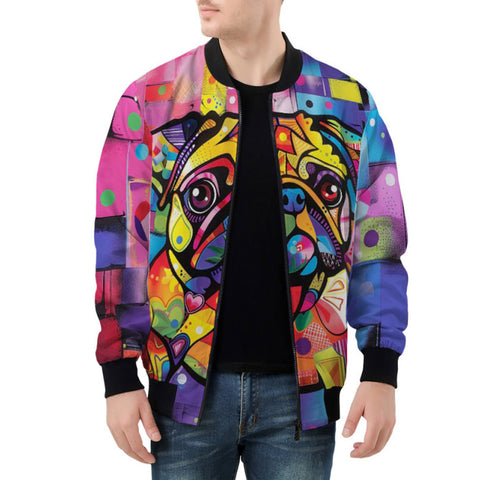 Bomber Jacket Colorful Pug Dog Abstract Shapes