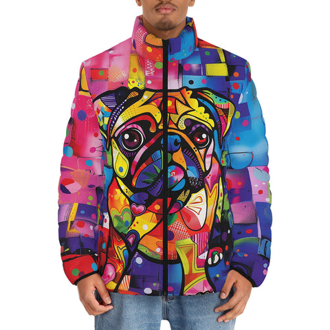 Down-Padded Puffer Jacket Colorful Pug Dog Abstract Shapes