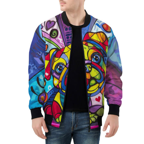 Bomber Jacket Colorful Pug Dog Abstract Shapes