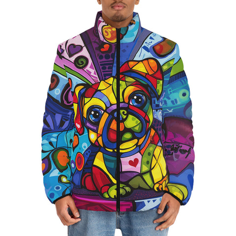 Down-Padded Puffer Jacket Colorful Pug Dog Abstract Shapes