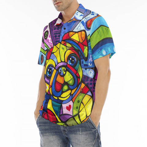 Men's Polo Shirt Colorful Pug Dog Abstract Shapes