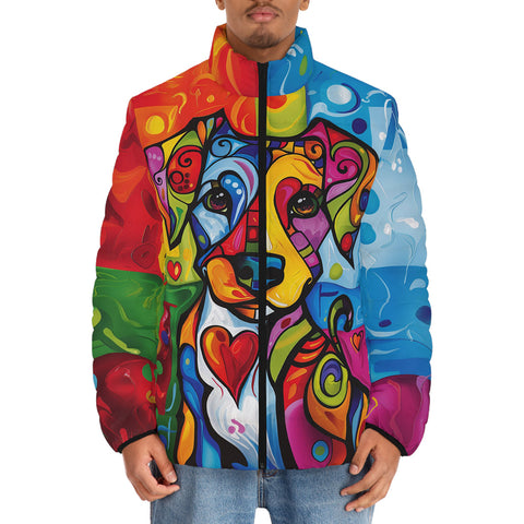 Down-Padded Puffer Jacket Colorful Dog Abstract Shapes