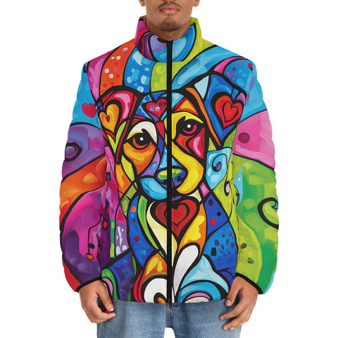 Down-Padded Puffer Jacket Colorful Dog Abstract Shapes
