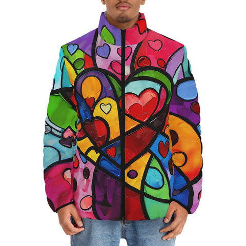 Down-Padded Puffer Jacket Vibrant Colorful Painting of Hearts
