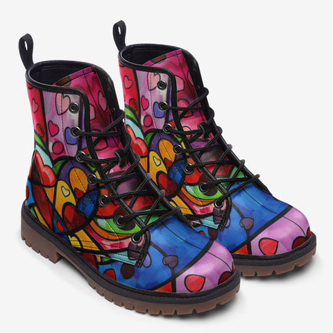 Leather Boots Vibrant Colorful Painting of Hearts