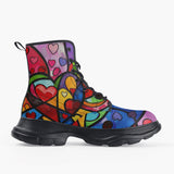 Casual Leather Chunky Boots Vibrant Colorful Painting of Hearts