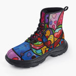 Casual Leather Chunky Boots Vibrant Colorful Painting of Hearts