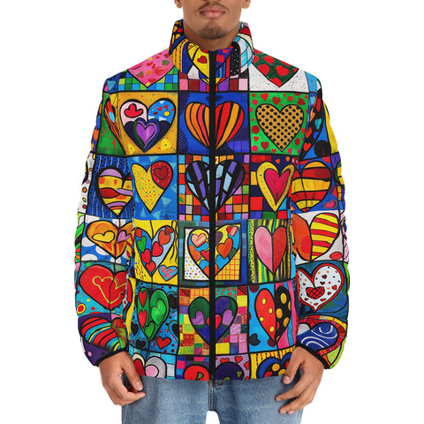 Down-Padded Puffer Jacket Vibrant Colorful Painting of Hearts