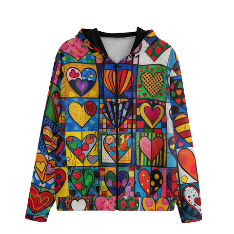 Men's Zip Up Hoodie Vibrant Colorful Painting of Hearts