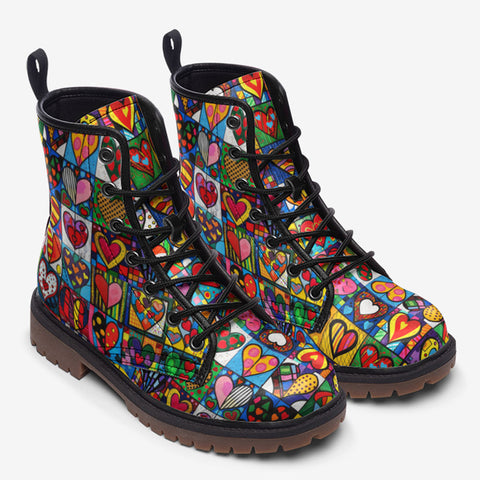 Leather Boots Vibrant Colorful Painting of Hearts