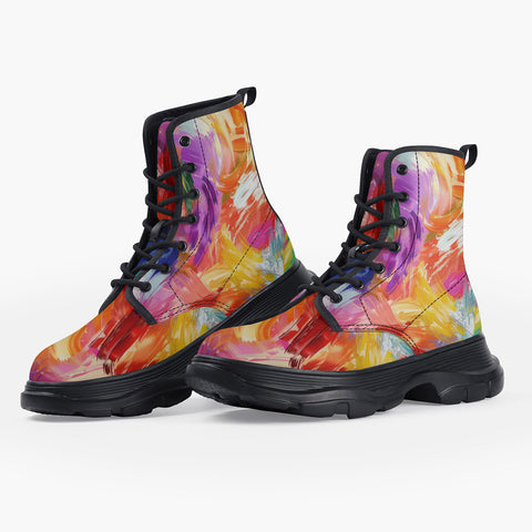 Casual Leather Chunky Boots Colorful Paint Splashes