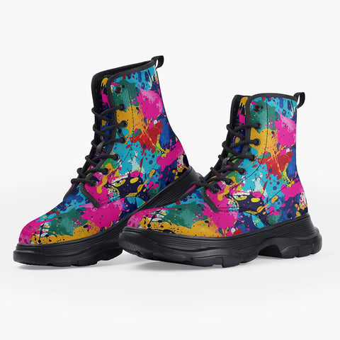 Casual Leather Chunky Boots Colorful Paint Splashes