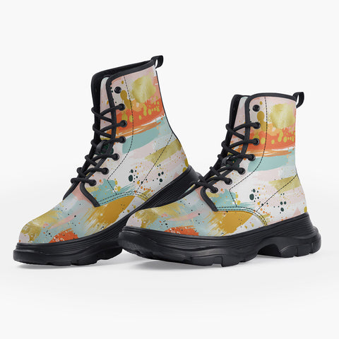 Casual Leather Chunky Boots Colorful Paint Splashes