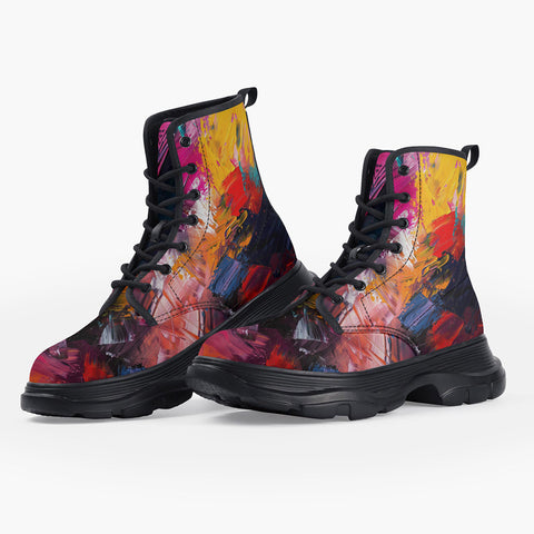 Casual Leather Chunky Boots Colorful Paint Splashes