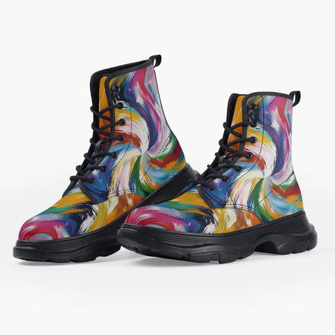 Casual Leather Chunky Boots Colorful Swirling Paints