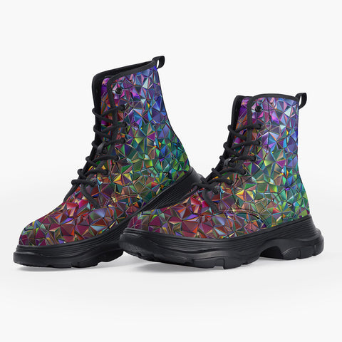 Casual Leather Chunky Boots Crystal Prismatic Mosaic