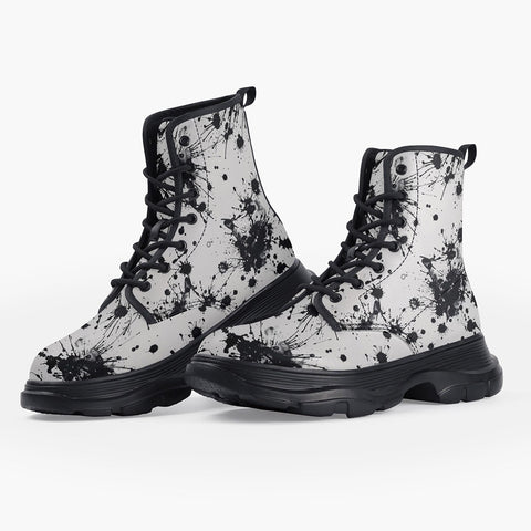 Casual Leather Chunky Boots Black Ink Splashes And Dots