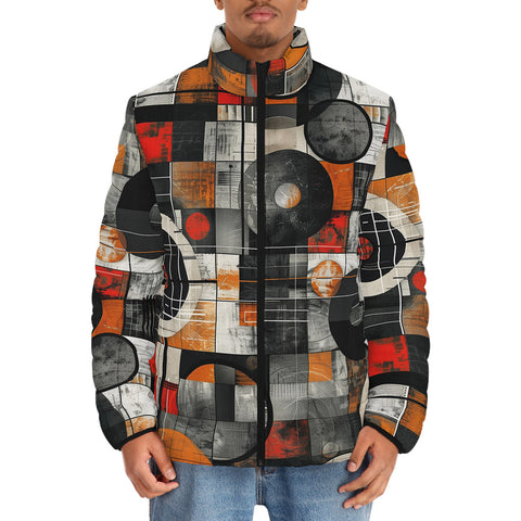 Down-Padded Puffer Jacket Circles and Squares Industrial Artwork