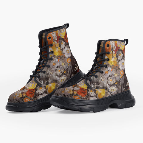 Casual Leather Chunky Boots Colorful Floral Patterns