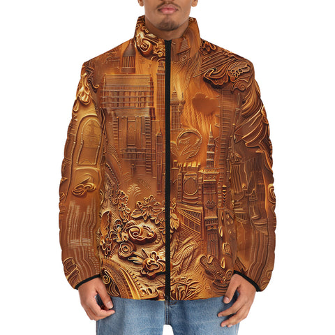 Down-Padded Puffer Jacket Gold Embossed Cityscape Art