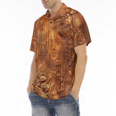 Men's Polo Shirt Gold Embossed Cityscape Art