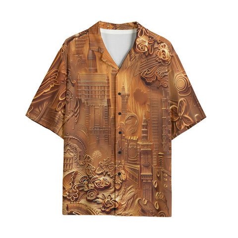 Hawaiian Shirt Gold Embossed Cityscape Art