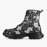 Casual Leather Chunky Boots Black and White Cats Art