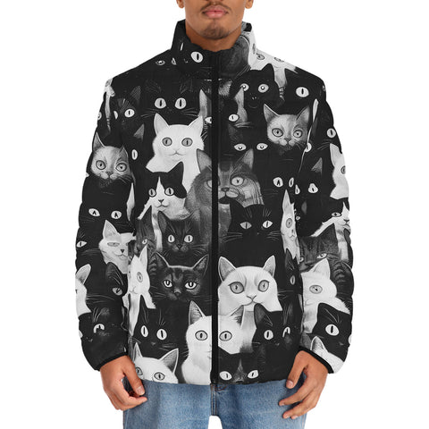 Down-Padded Puffer Jacket Black and White Cats Art