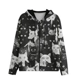 Men's Zip Up Hoodie Black and White Cats Art