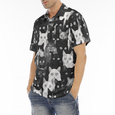 Men's Polo Shirt Black and White Cats Art