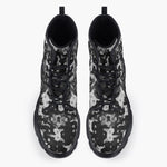 Casual Leather Chunky Boots Black and White Cats Art